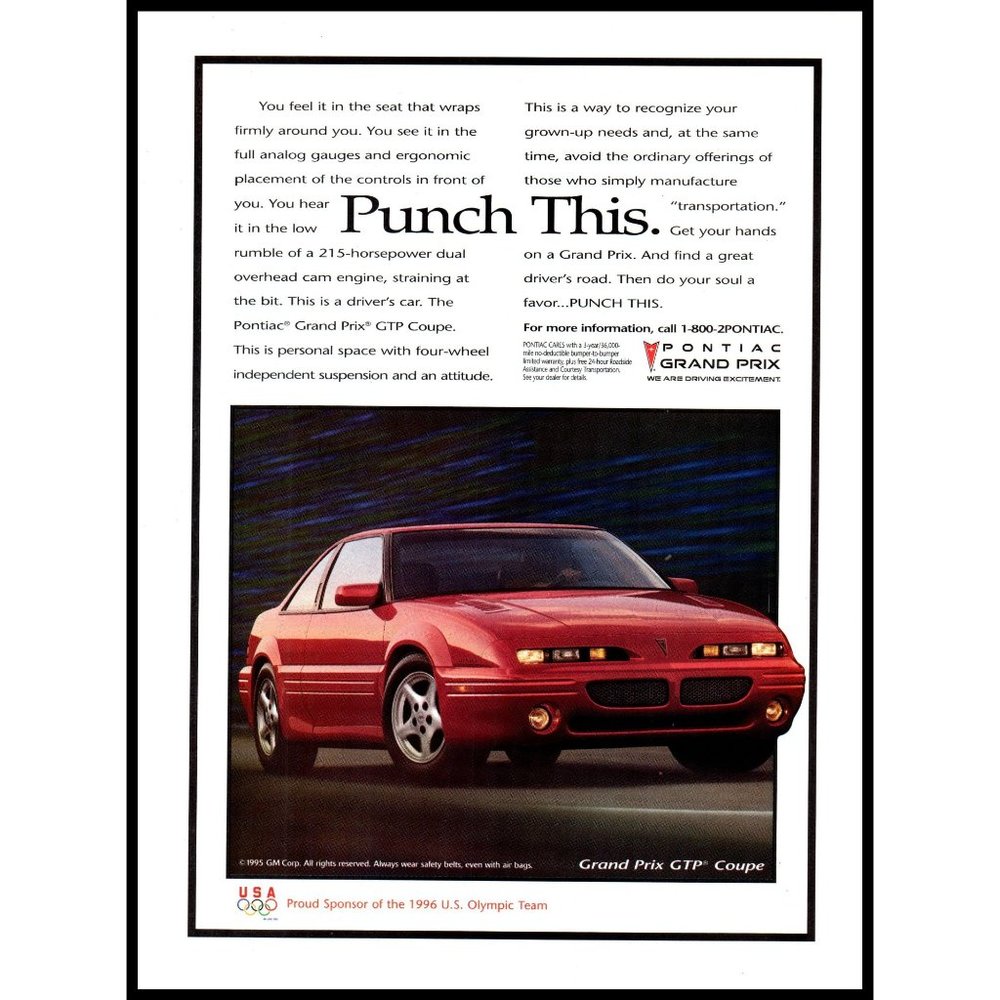1996 Pontiac Grand Prix GTP Coupe Vintage Print Ad US Olympics Wall Art Photo